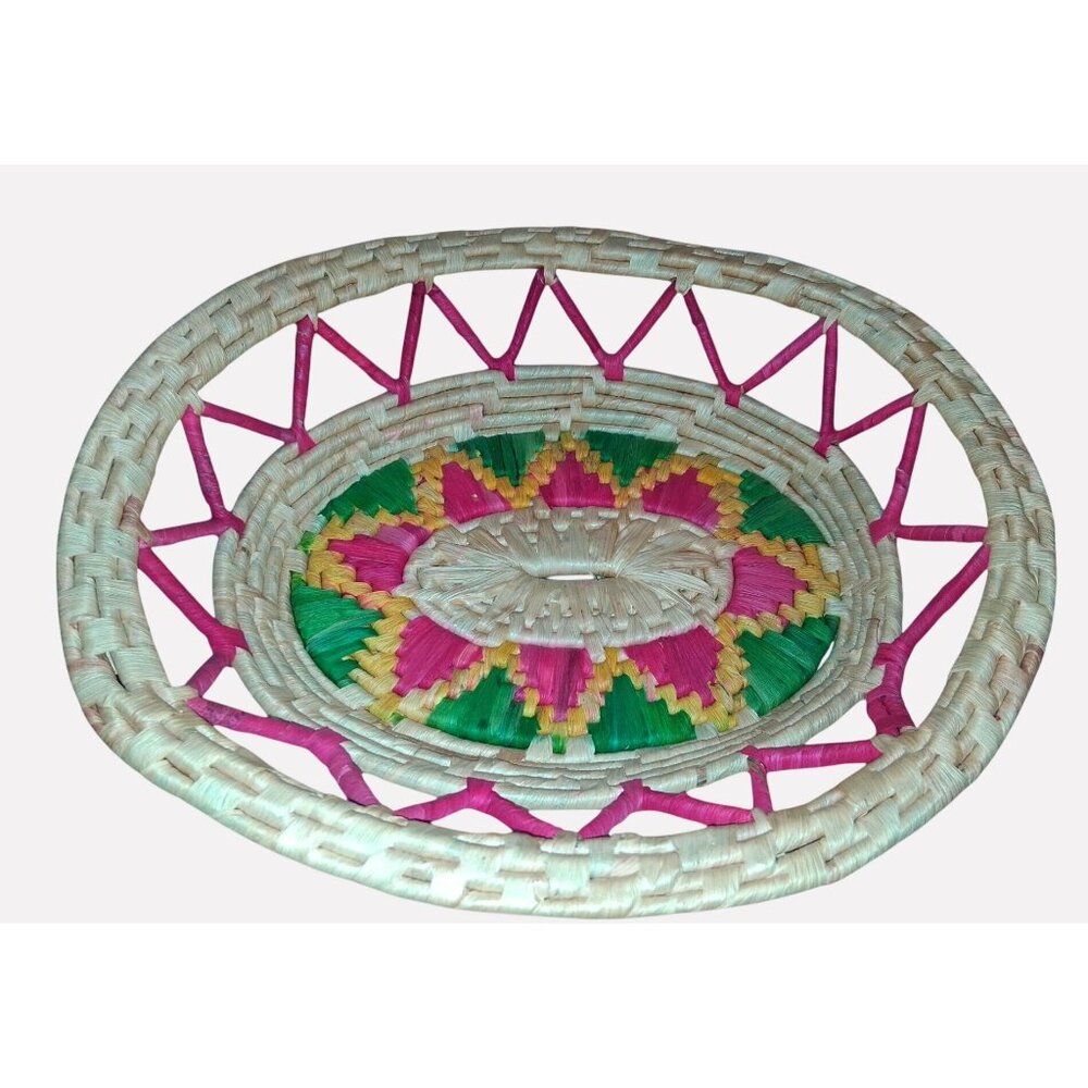 Handcrafted Woven Bamboo Basket With Colorful Pattern & Open Weave Design